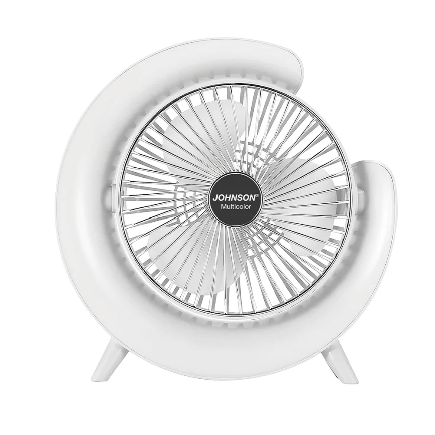 JOHNSON - Genopladelig bordventilator med RGB-LED, multifarvet LED/5W/3,7V 1200 mAh, Ø 14 cm, hvid