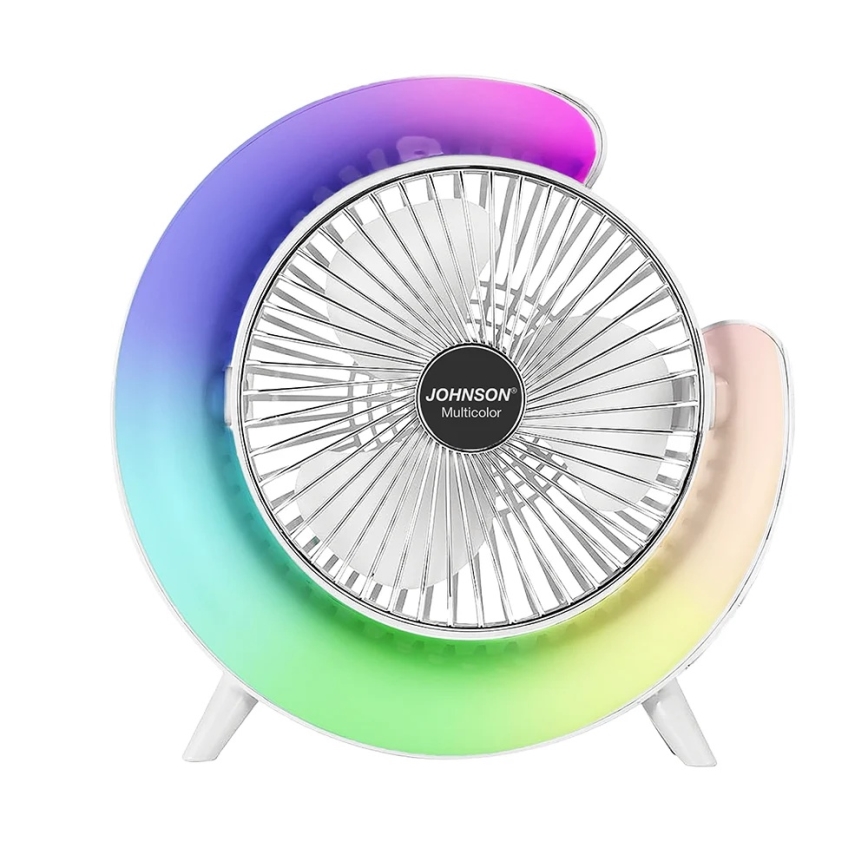 JOHNSON - Genopladelig bordventilator med RGB-LED, multifarvet LED/5W/3,7V 1200 mAh, Ø 14 cm, hvid