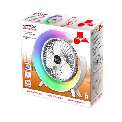 JOHNSON - Genopladelig bordventilator med RGB-LED, multifarvet LED/5W/3,7V 1200 mAh, Ø 14 cm, hvid