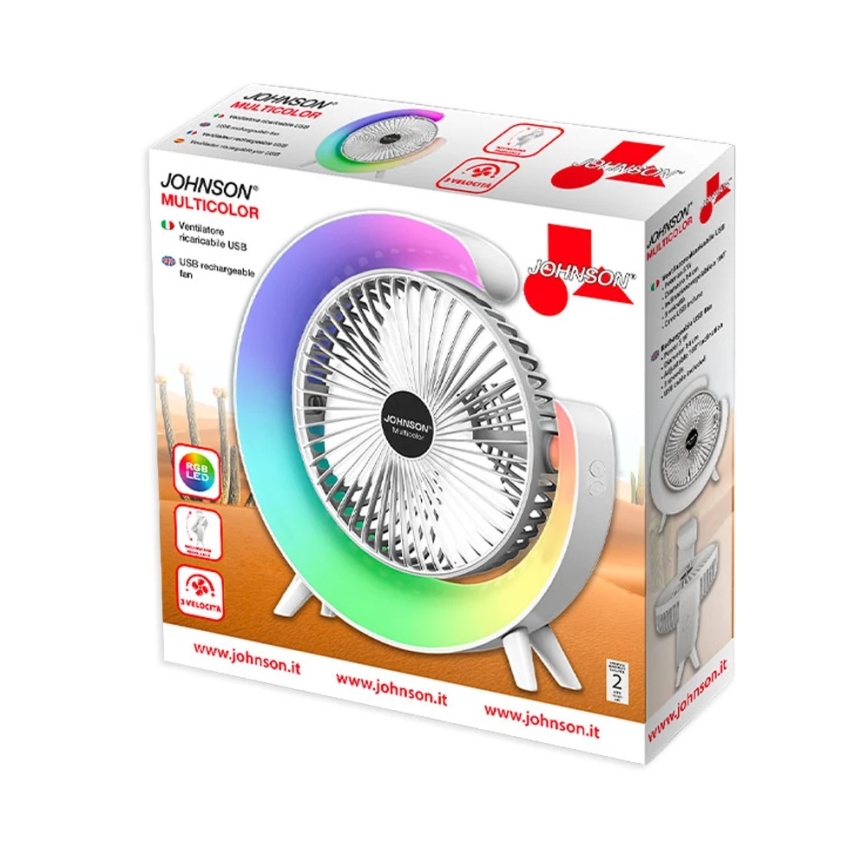 JOHNSON - Genopladelig bordventilator med RGB-LED, multifarvet LED/5W/3,7V 1200 mAh, Ø 14 cm, hvid