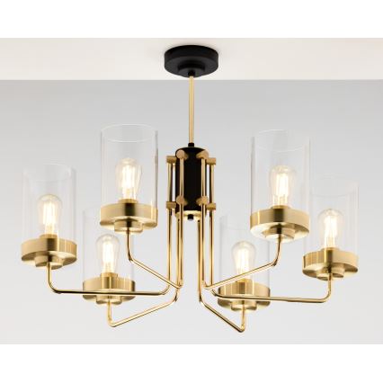 Jupiter 2089 - Lysekrone på stang RAMIREZ 6xE27/15W/230V guld/sort
