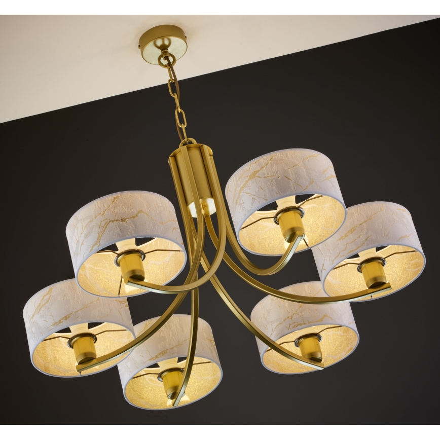 Jupiter 2098 - Lysekrone på kæde ARTHUR 6xE27/15W/230V hvid/guld/marmorlook