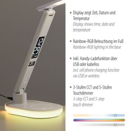 JUST LIGHT. 11018-16 - LED RGBW Dæmpbar touch bordlampe med trådløs opladning TINA LED/4W/230V hvid