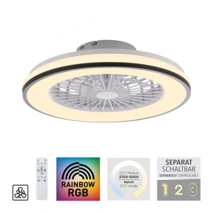 JUST LIGHT. 14447-18 - LED loftventilator med lys m. RGBW-farver dæmpbar LENO LED/44W/230V 3000-6500K diameter 48,6 cm hvid + fjernbetjening