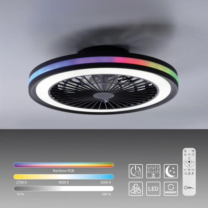 JUST LIGHT. 14649-18 - LED loftventilator med lys m. RGBW-farver dæmpbar BRANDON LED/36W/230V 2700-5000K diameter 46,5 cm sort + fjernbetjening