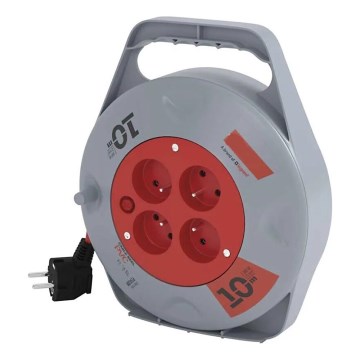 Kabeltromle med 4 stikudtag, 10 m, grå/rød