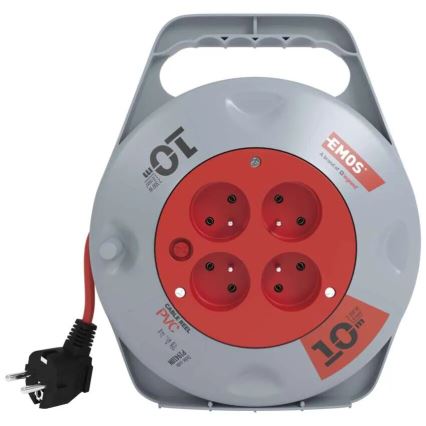 Kabeltromle med 4 stikudtag, 10 m, grå/rød