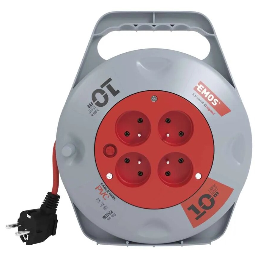 Kabeltromle med 4 stikudtag, 10 m, grå/rød