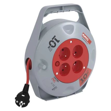 Kabeltromle med 4 stikudtag, 10 m, grå/rød