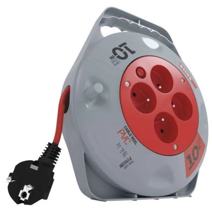 Kabeltromle med 4 stikudtag, 10 m, grå/rød