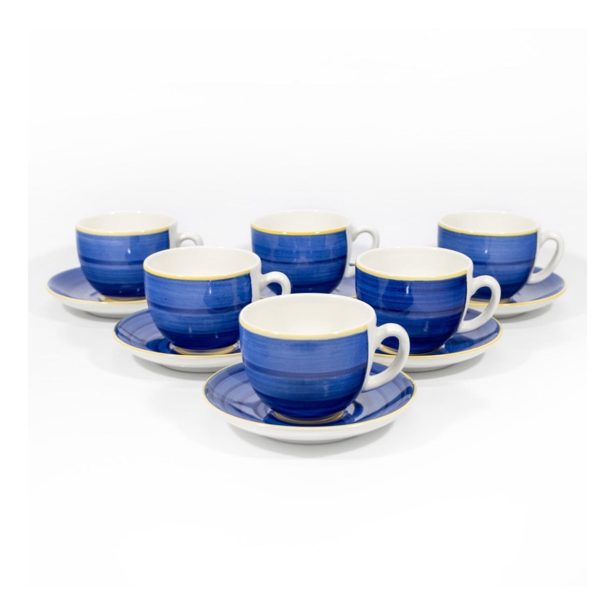 Kaffesæt 6x keramisk kop med underkop blå gul