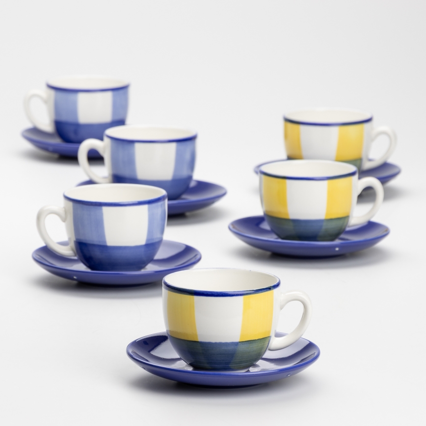Kaffesæt 6x keramisk kop Tereza med underkop hvid blå gul