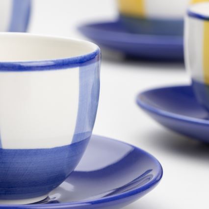Kaffesæt 6x keramisk kop Tereza med underkop hvid blå gul