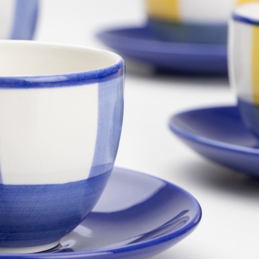 Kaffesæt 6x keramisk kop Tereza med underkop hvid blå gul