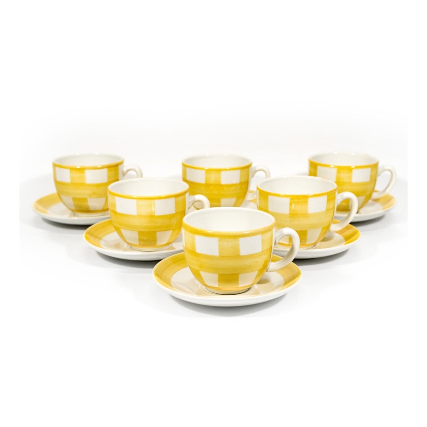 Kaffesæt 6x keramisk kop Tereza med underkop hvid gul