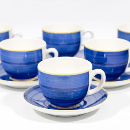 Kaffesæt 6x keramisk kop med underkop blå gul