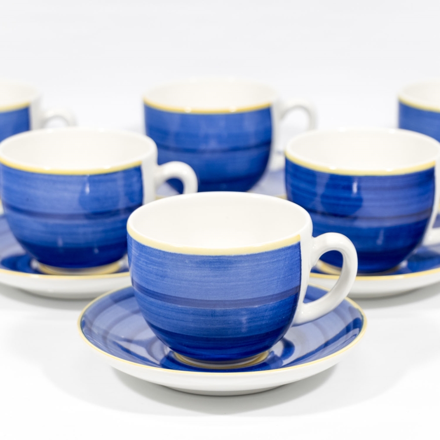 Kaffesæt 6x keramisk kop med underkop blå gul