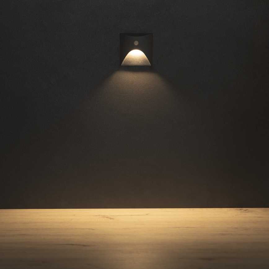 LED trappelampe med bevægelses- og skumringssensor EXIN LED/2,5W/230V 3000K IP65 antracit, firkantet