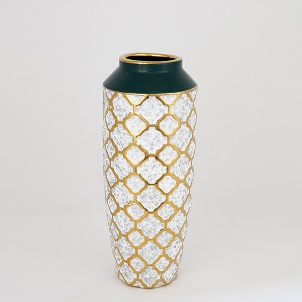 Keramisk vase 31x12,5 cm hvid/guldfarvet/grøn