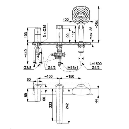KFA Armatura 4525-210-81 - 3-huls badekarbatteri MALAGA, sort