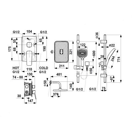 KFA Armatura 4529-301-44 - Brusesæt med indbygget blandingsbatteri MALAGA hvid