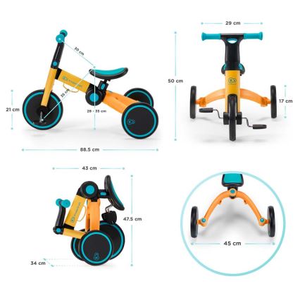 KINDERKRAFT - Børne løbecykel 3-i-1 4TRIKE gul/turkis