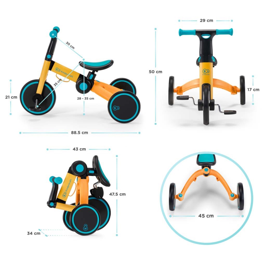 KINDERKRAFT - Børne løbecykel 3-i-1 4TRIKE gul/turkis