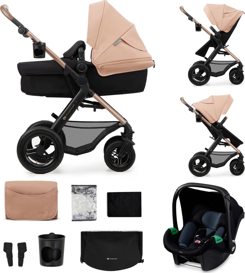 KINDERKRAFT-Multifunktionel barnevogn 3-i-1 MOOV 2 AIR Sandbeige + autostol MINK PRO