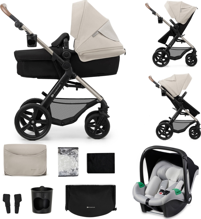 KINDERKRAFT-Multifunktionel barnevogn 3-i-1 MOOV 2 Moonlight grå + autostol MINK PRO