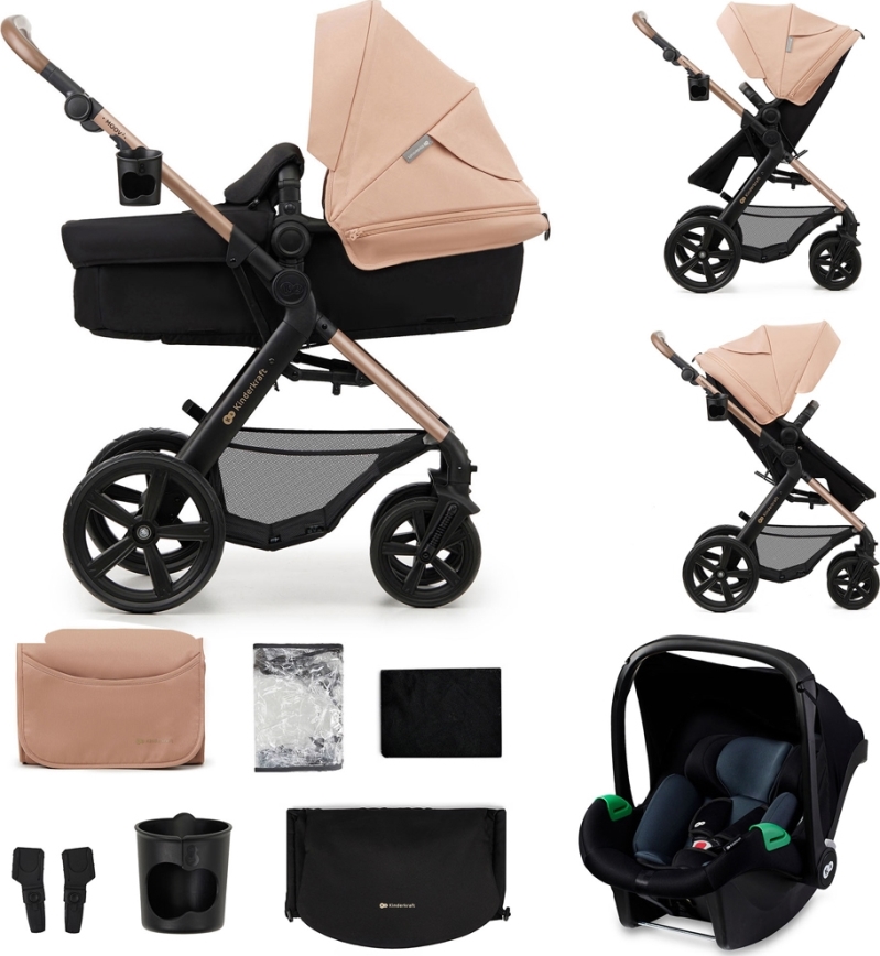 KINDERKRAFT - Multifunktionel barnevogn 3-i-1 MOOV 2 Sandbeige + autostol MINK PRO