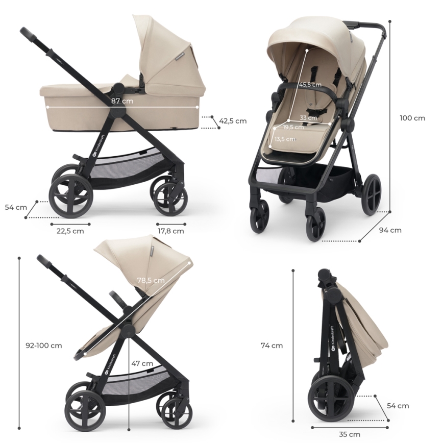 KINDERKRAFT - Multifunktionel barnevogn 4-i-1 NEWLY Klassisk beige + autostol MINK PRO med base ISOFIX