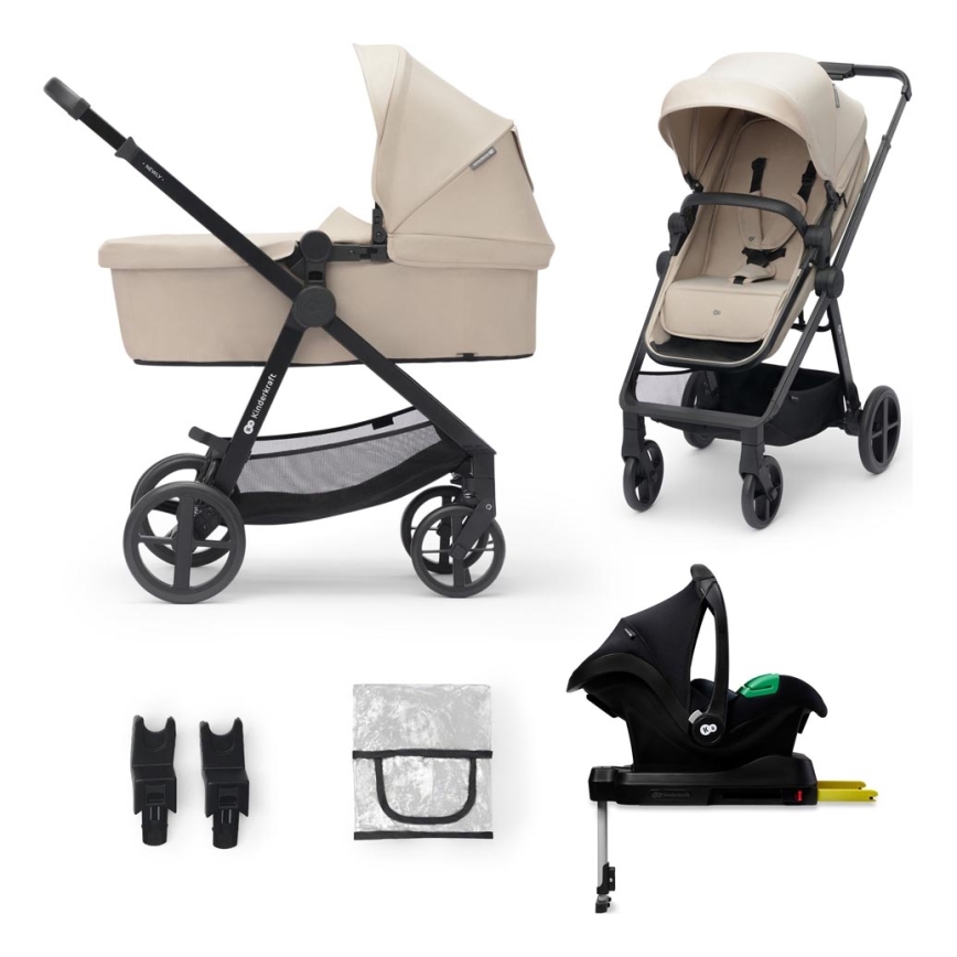KINDERKRAFT - Multifunktionel barnevogn 4-i-1 NEWLY Klassisk beige + autostol MINK PRO med base ISOFIX