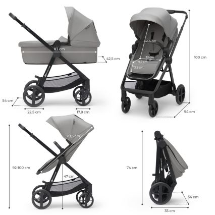KINDERKRAFT - Multifunktionel barnevogn 4v1 NEWLY Klassisk grå + autostol MINK PRO med base ISOFIX