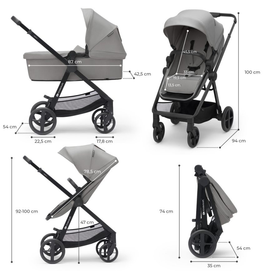 KINDERKRAFT - Multifunktionel barnevogn 4v1 NEWLY Klassisk grå + autostol MINK PRO med base ISOFIX