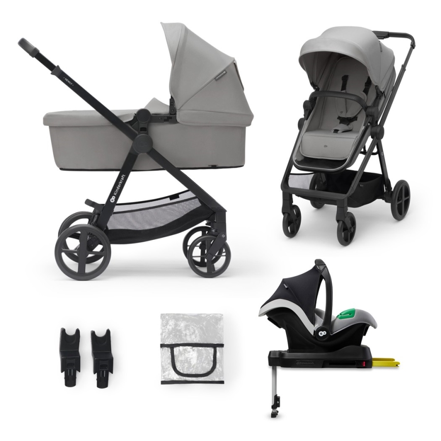 KINDERKRAFT - Multifunktionel barnevogn 4v1 NEWLY Klassisk grå + autostol MINK PRO med base ISOFIX