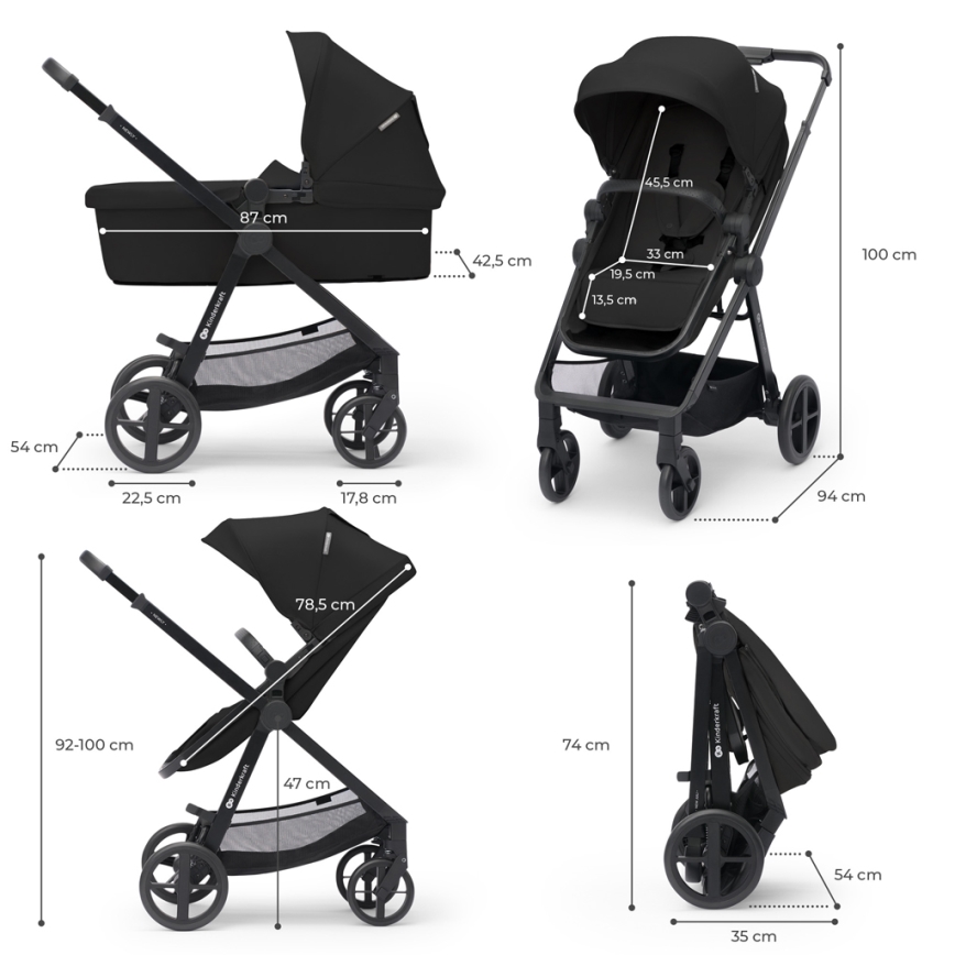 KINDERKRAFT - Multifunktionel barnevogn 4v1 NEWLY Klassisk sort + autostol MINK PRO med base ISOFIX