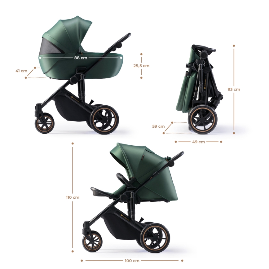 KINDERKRAFT SELECT - Multifunktionel barnevogn 3-i-1 PRIME 2 Premium mørkegrøn + autostol