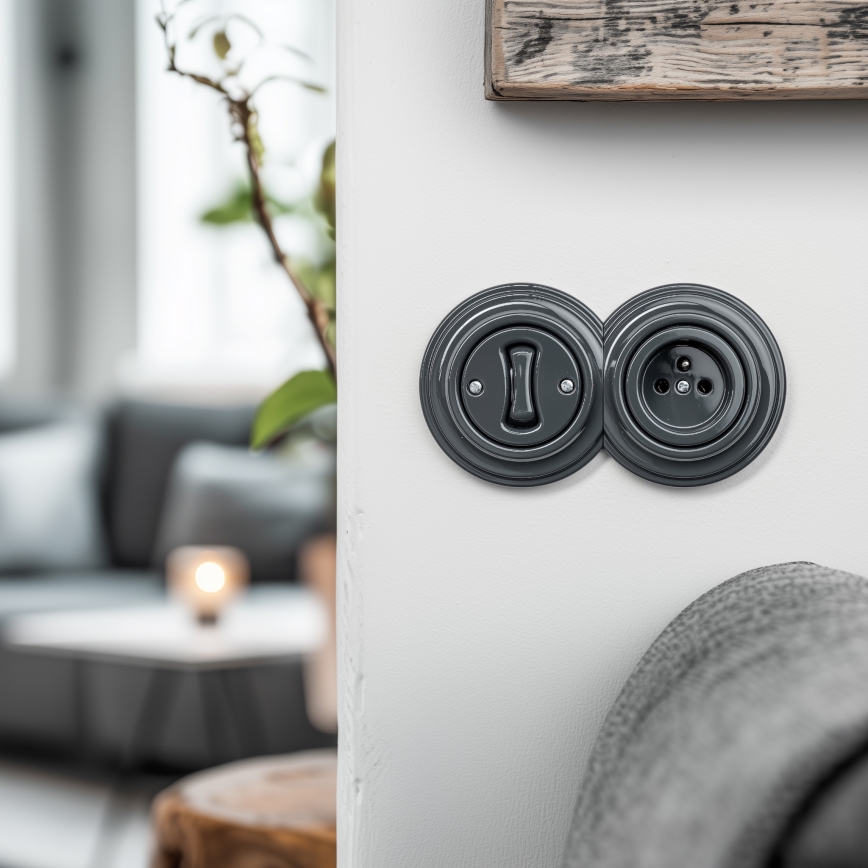 Kliklap - Dobbelt retro enpolet afbryder med ramme nr. 1 i antracit