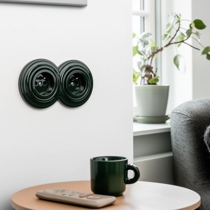 Kliklap - Dobbelt retro stikkontakt til bolig med ramme 230V grøn