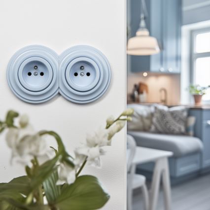 Kliklap - Dobbelt retro-stikkontakt til hjemmet med ramme, 230 V, blå