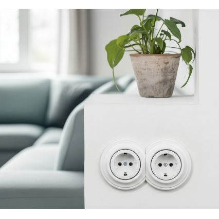 Kliklap - Dobbelt retro stikkontakt til hjemmet med ramme, SCHUKO 230 V, snehvid