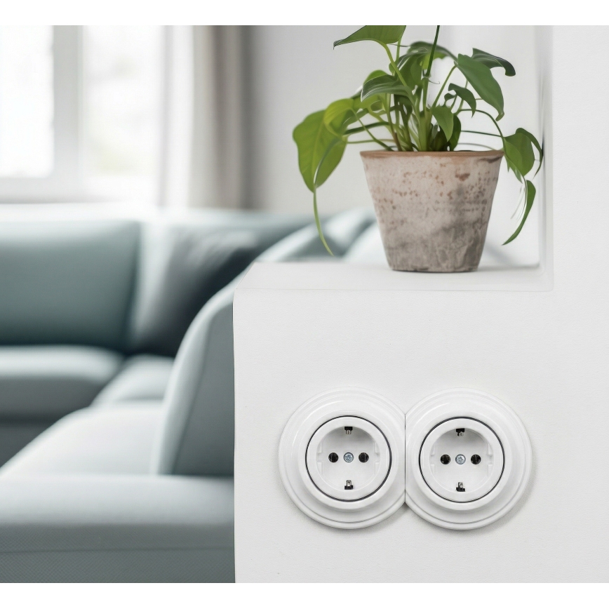 Kliklap - Dobbelt retro stikkontakt til hjemmet med ramme, SCHUKO 230 V, snehvid