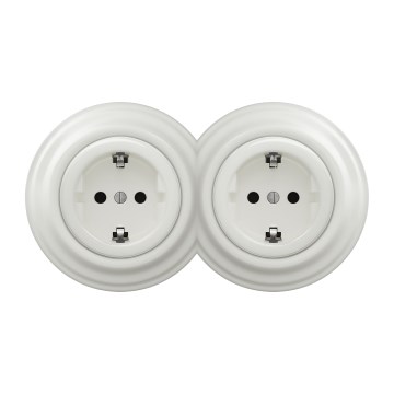Kliklap - Dobbelt retro stikkontakt til hjemmet med ramme SCHUKO 230V/16A keramisk hvid