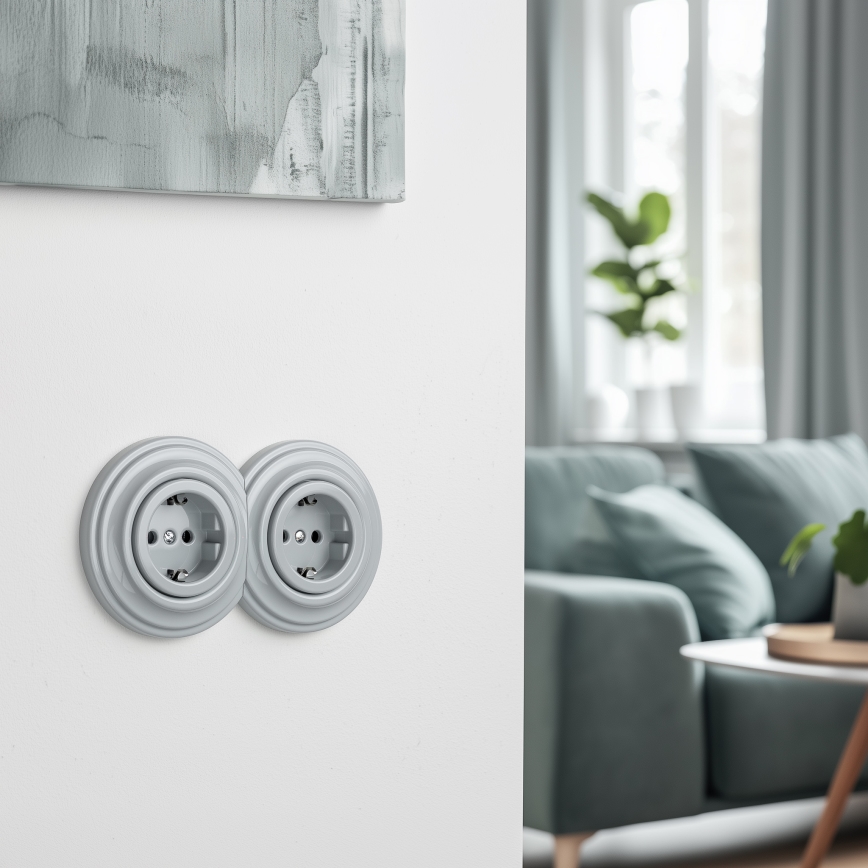 Kliklap - Dobbelt retro stikkontakt til hjemmet med ramme SCHUKO 230V grå