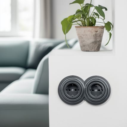 Kliklap - Dobbelt retro stikkontakt til indendørs brug med ramme, SCHUKO, 230 V, antracit