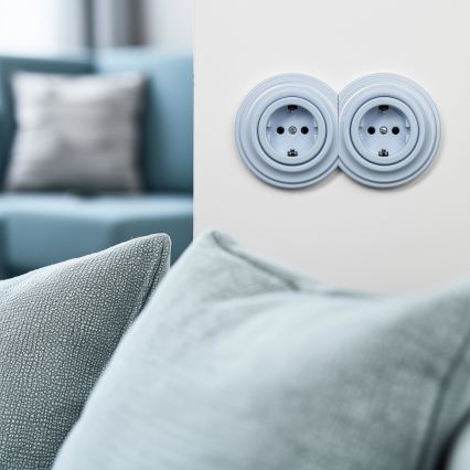 Kliklap - Dobbelt retro-vægstik med ramme, SCHUKO 230 V, blå