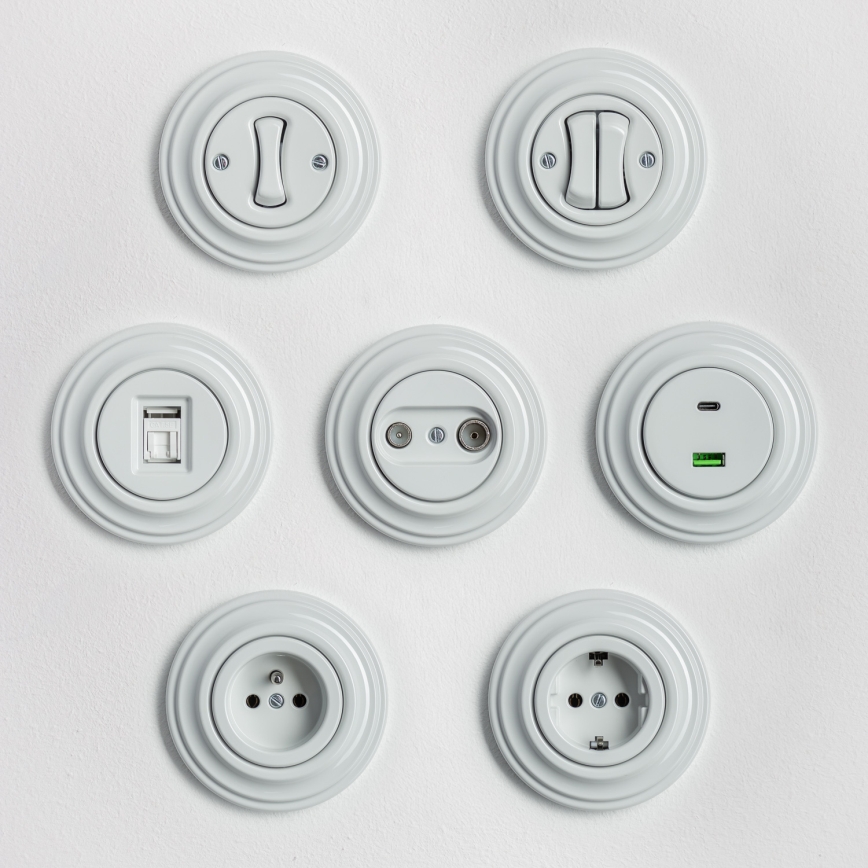 Kliklap - Retro dobbelt trappekontakt med ramme nr. 6+6 i keramisk hvid