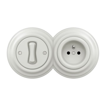 Kliklap - Retro enkeltpolet afbryder nr. 1 og 230 V-stikkontakt med ramme, keramisk hvid