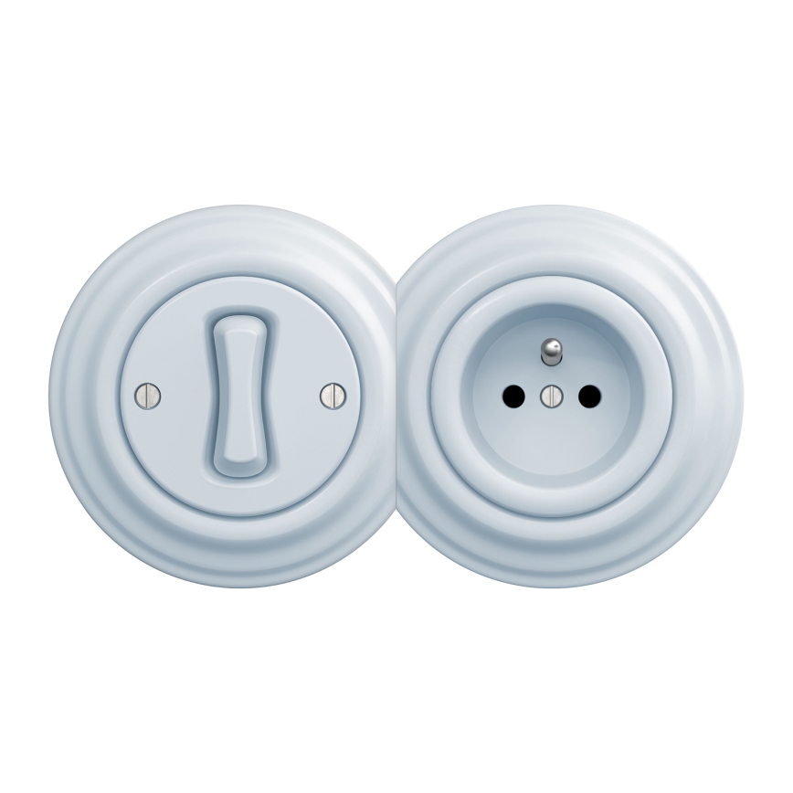 Kliklap - Retro enkeltpolet afbryder nr. 1 og 230V stikkontakt med ramme, blå