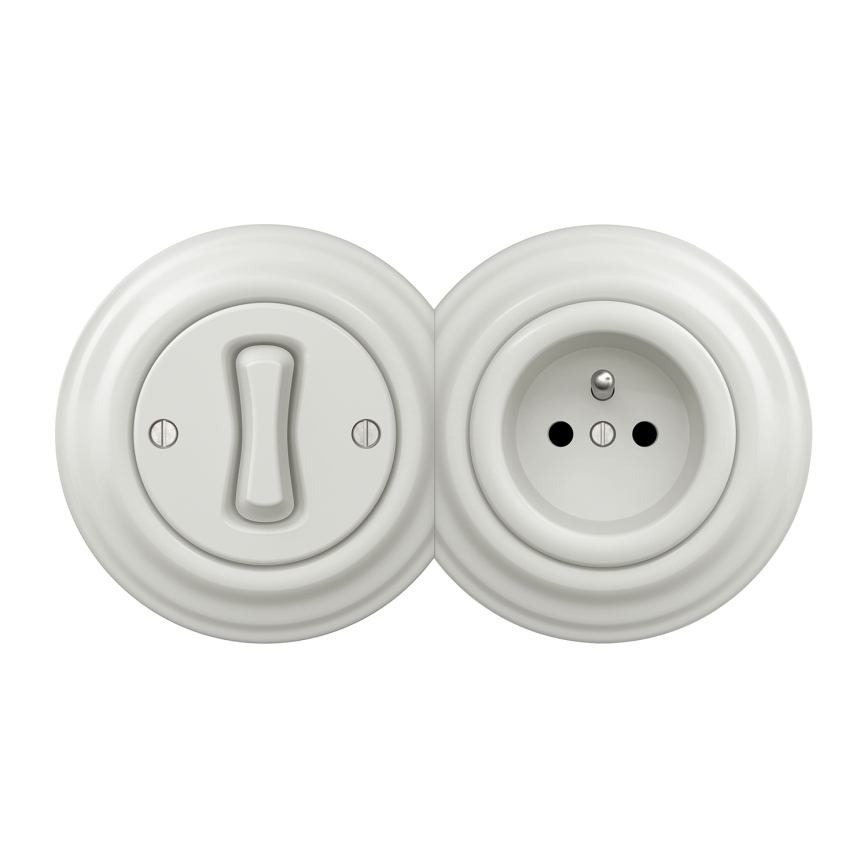 Kliklap - Retro enpolet afbryder nr. 1 og 230 V-stikkontakt med ramme, hvid